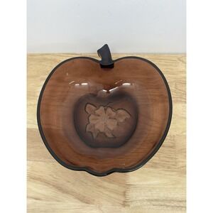 Vintage Amber Glass Apple Bowl 10" Embossed Flower Blossom Design Hazel‎ Atlas